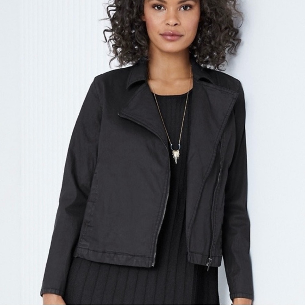 Eileen Fisher Short Rider Jacket Black Organic Cotton Stretch Moto Biker Large